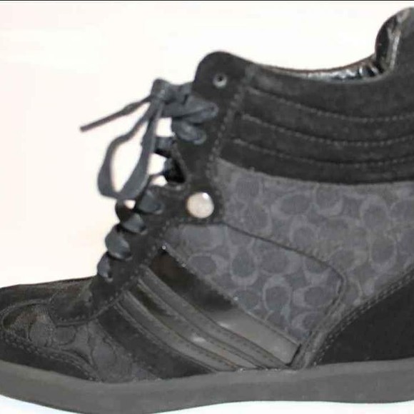 Coach Designer Alara 6.5 M Black Suede Signature Logo Wedge Sneakers - Picture 4 of 10
